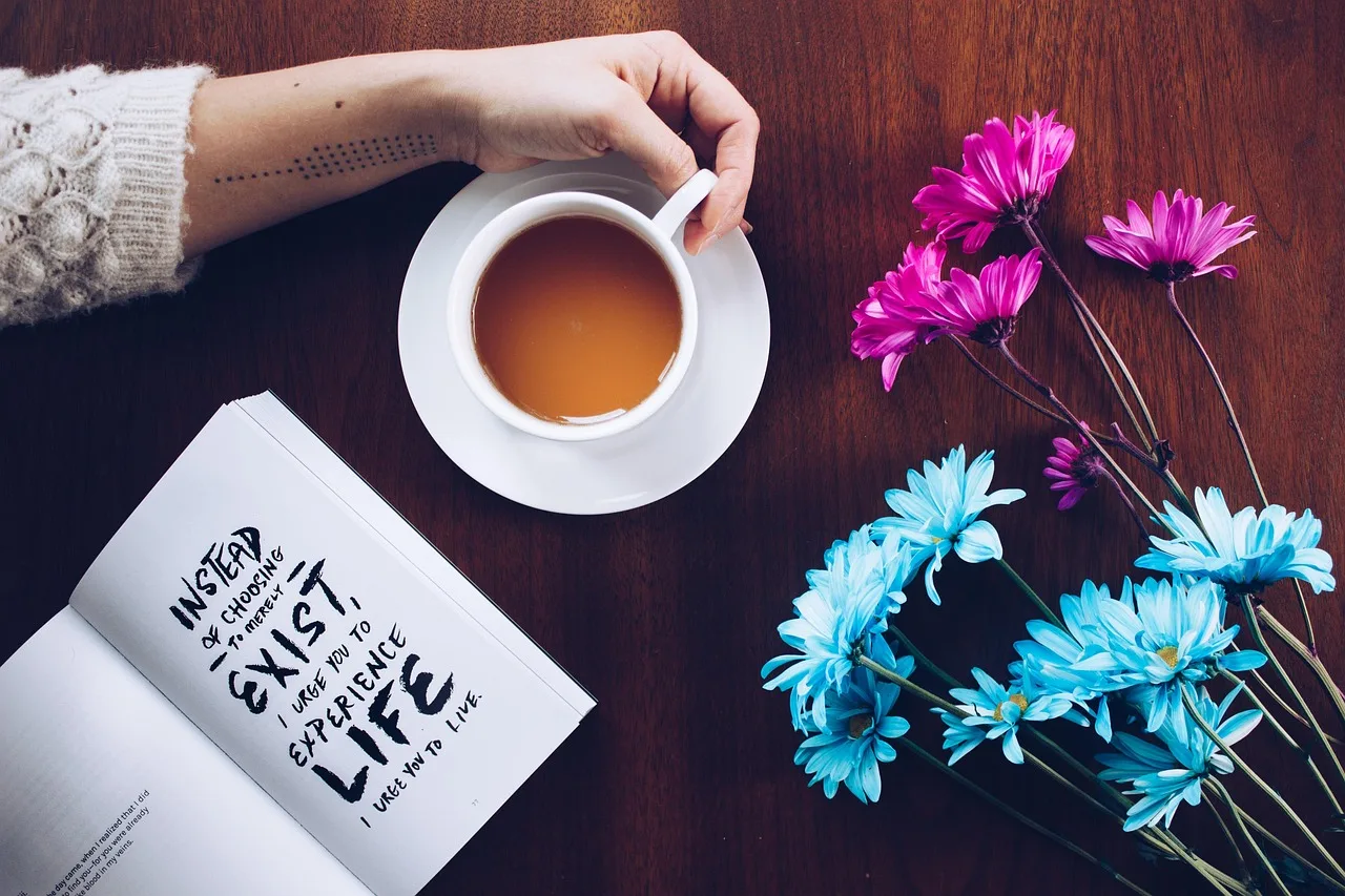 business, coffee cup, paper, coffee, table, cup, desktop, tea, reading, poetry, vintage, flatlay, flat, desk, hands, nature, woman, beautiful flowers, read, flower wallpaper, study, tea cup, think, daisy, lace, flower, wood, tattoo, blue, scarlet, pink, exist, life, quote, handwriting, flower background, sweater, retro, floral