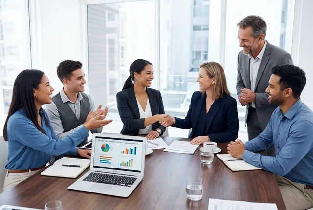 meeting, conference, business, office, team, collaboration, agreement, handshake, partnership, corporate, professional, discussion, presentation, chart, graph, laptop, documents, strategy, negotiation, success, leadership, workplace, formal, ai generated. How first-touch, last-touch and multi-touch attribution methods differ for sales teams