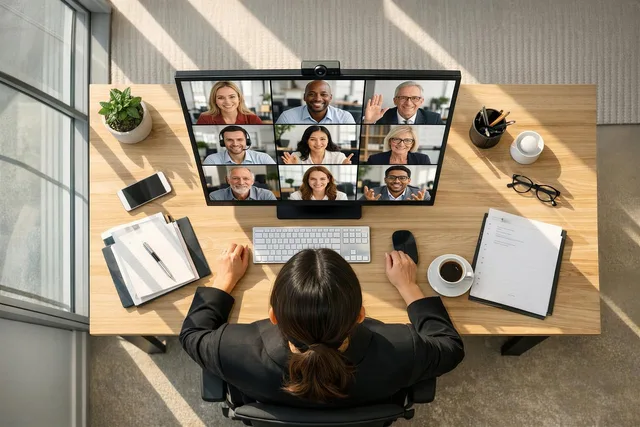 video conference, home office, desk, computer monitor, video call, employee, office work, laptop, coffee cup, potted plant, telephone, internet connection, technology, communication, business, remote work, office equipment, workspace, office environment, meeting, online service. How to run proposal software customer interviews that produce useful answers