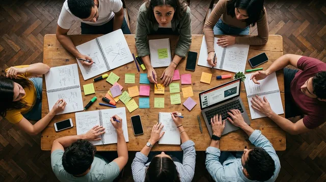 eam, workshop, office, collaboration, sticky notes, planning, strategy, brainstorming, table, overhead, people, working, laptop, notebooks, creativity, business, meeting, together, analysis, group, ai generated. How to run a proposal workflow with roles, stages and approval gates