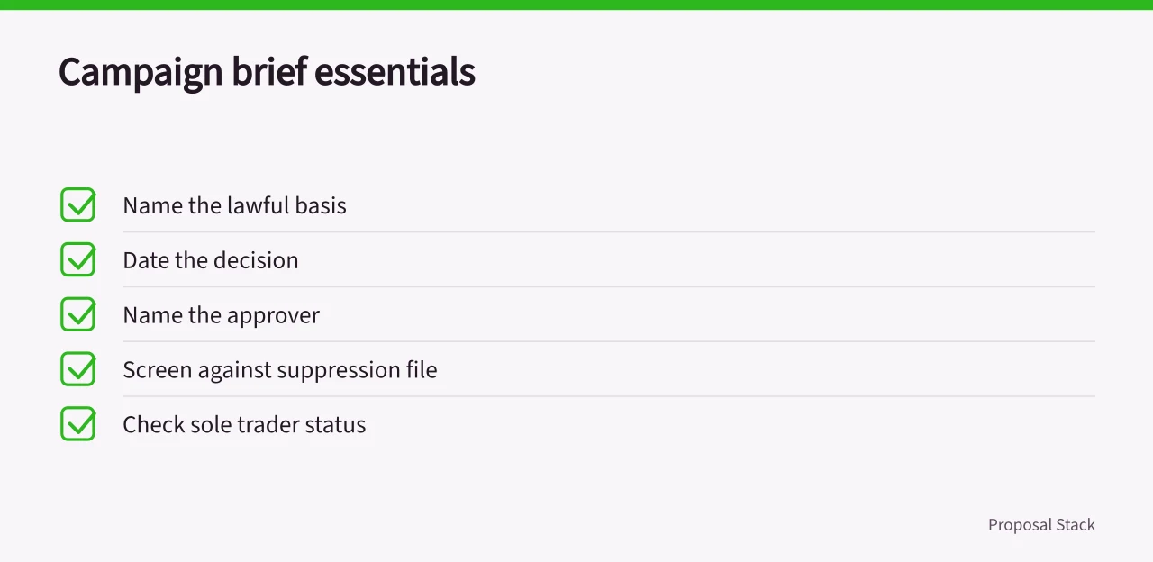 Checklist of lawful basis, approver and suppression screening steps (Check proposal software advertising rules before your next campaign)